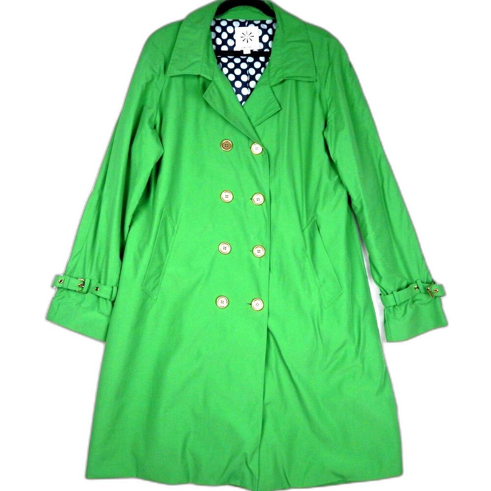 Isaac Mizrahi Kelly Green Trench Coat XL Polka Dot Lined Preppy Spring Raincoat
